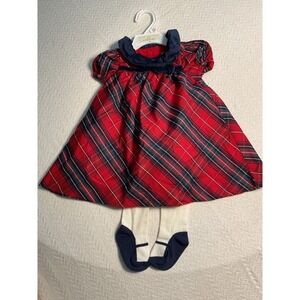 Max Studio Kids Red Plaid Velvet Collar Bow Dress Tights Set 3 6 Months
